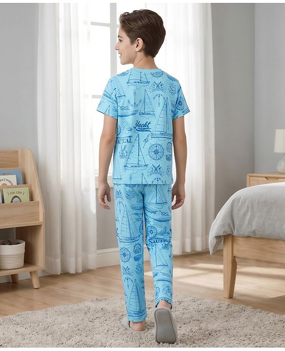 Pine Kids Cotton Knit Half Sleeves Co-Ord T-Shirt & Pyjama Night-Suit With Ship Print - Blue