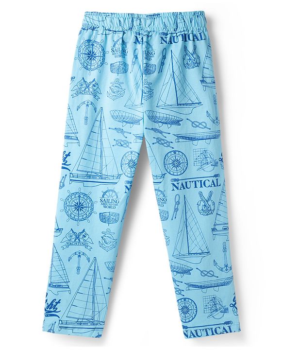 Pine Kids Cotton Knit Half Sleeves Co-Ord T-Shirt & Pyjama Night-Suit With Ship Print - Blue