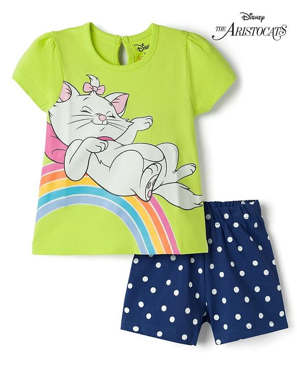 Babyhug Disney Single Jersey Knit Half Sleeves T-Shirt & Shorts Night Suit With Marie Graphics - Multicolor