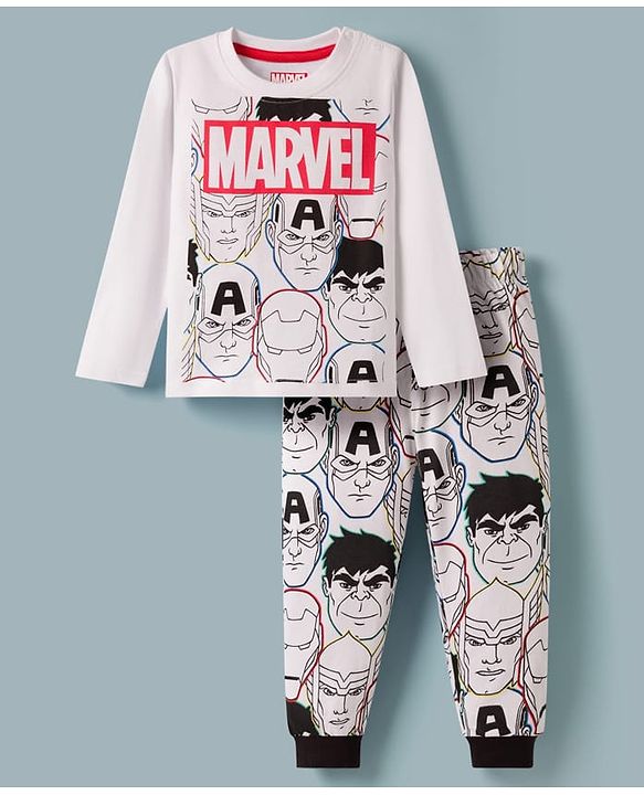 Babyhug Marvel Single Jersey Knit Full Sleeves Co-ords T-Shirt & Pajama Night Suit with Avengers Graphic - Multicolor