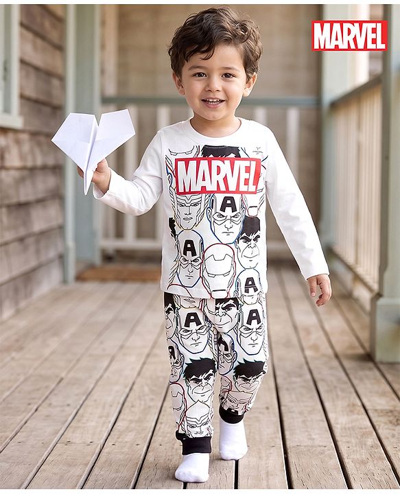 Babyhug Marvel Single Jersey Knit Full Sleeves Co-ords T-Shirt & Pajama Night Suit with Avengers Graphic - Multicolor