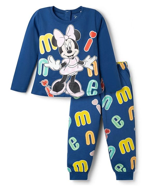 Babyhug Disney Single Jersey Knit Full Sleeves Co-ords T-Shirt & Pajama Night Suit with Minnie Mouse Graphic - Blue