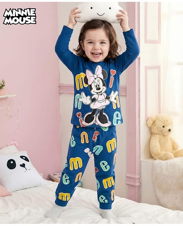 Babyhug Disney Single Jersey Knit Full Sleeves Co-ords T-Shirt & Pajama Night Suit with Minnie Mouse Graphic - Blue