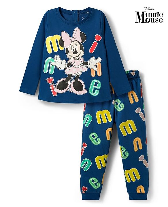 Babyhug Disney Single Jersey Knit Full Sleeves Co-ords T-Shirt & Pajama Night Suit with Minnie Mouse Graphic - Blue
