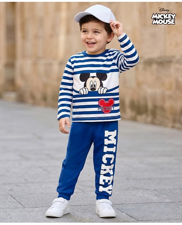 Babyhug Disney Single Jersey Knit Full Sleeves Co-ords T-Shirt & Pajama Night Suit with Mickey Mouse Graphic - Blue