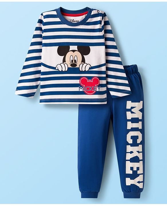 Babyhug Disney Single Jersey Knit Full Sleeves Co-ords T-Shirt & Pajama Night Suit with Mickey Mouse Graphic - Blue