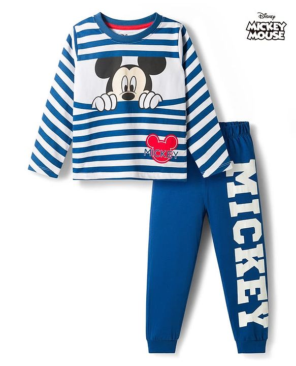 Babyhug Disney Single Jersey Knit Full Sleeves Co-ords T-Shirt & Pajama Night Suit with Mickey Mouse Graphic - Blue