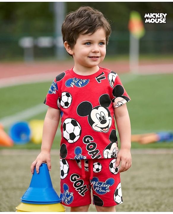 Babyhug Disney Single Jersey Knit Half Sleeves Co-ords T-Shirt & Shorts Night Suit with Mickey Mouse Graphic - Red