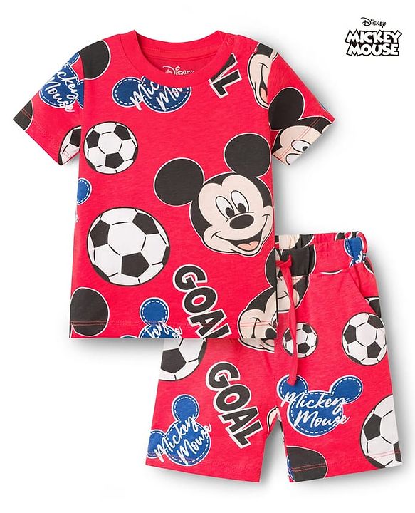 Babyhug Disney Single Jersey Knit Half Sleeves Co-ords T-Shirt & Shorts Night Suit with Mickey Mouse Graphic - Red