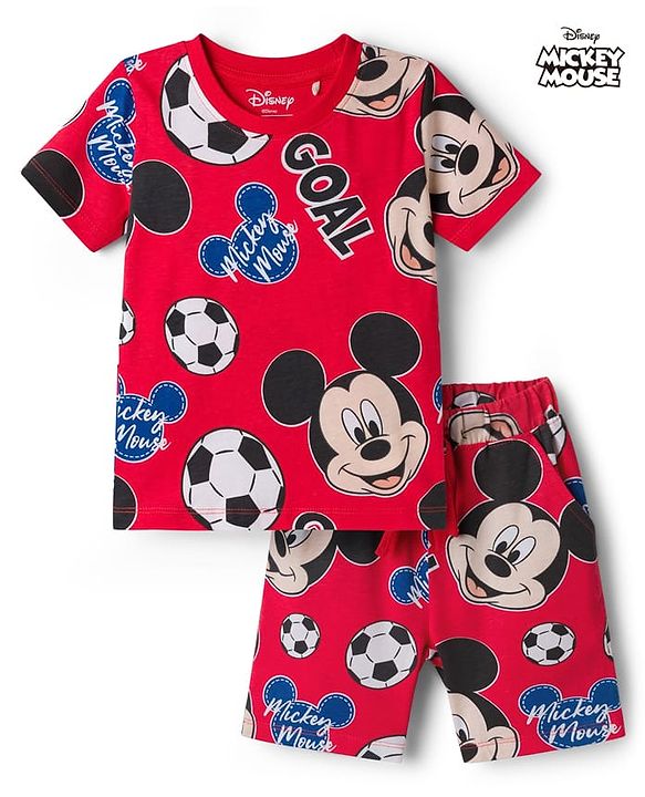 Babyhug Disney Single Jersey Knit Half Sleeves Co-ords T-Shirt & Shorts Night Suit with Mickey Mouse Graphic - Red