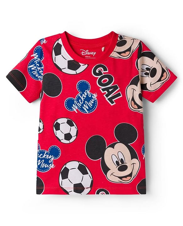 Babyhug Disney Single Jersey Knit Half Sleeves Co-ords T-Shirt & Shorts Night Suit with Mickey Mouse Graphic - Red