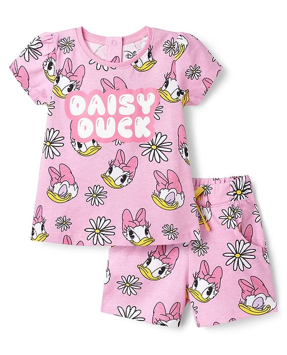 Babyhug Disney Single Jersey Knit Half Sleeves Co-ords T-Shirt & Shorts Night Suit with Daisy Duck Graphic - Pink