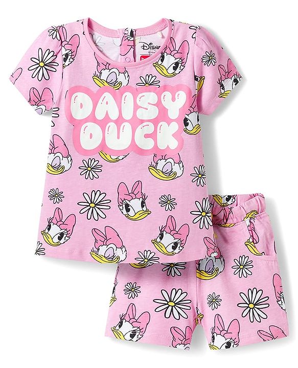 Babyhug Disney Single Jersey Knit Half Sleeves Co-ords T-Shirt & Shorts Night Suit with Daisy Duck Graphic - Pink