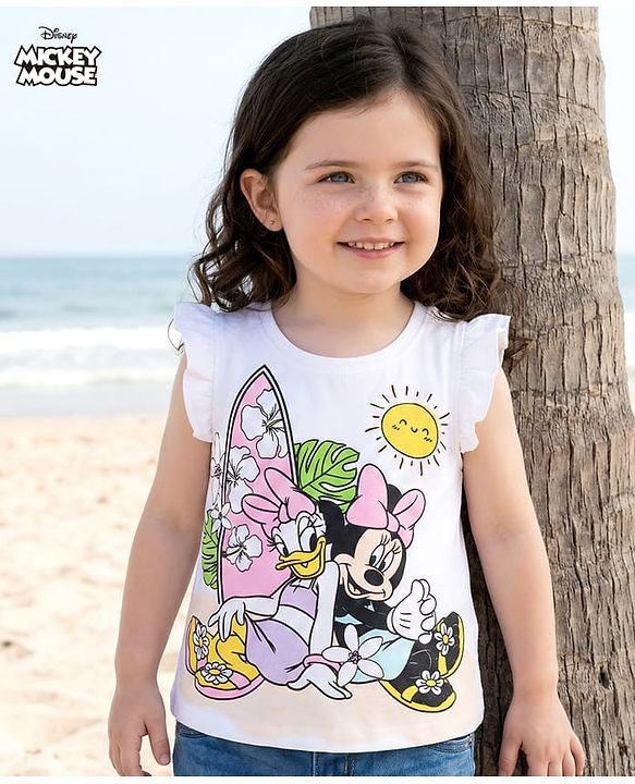 Babyhug Disney Single Jersey Knit Frill Sleeves T-Shirt with Minnie Mouse Graphics - White