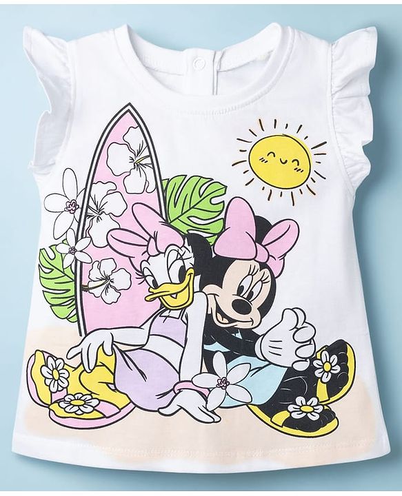 Babyhug Disney Single Jersey Knit Frill Sleeves T-Shirt with Minnie Mouse Graphics - White