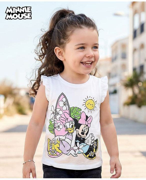 Babyhug Disney Single Jersey Knit Frill Sleeves T-Shirt with Minnie Mouse Graphics - White