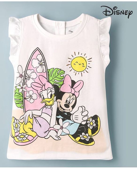 Babyhug Disney Single Jersey Knit Frill Sleeves T-Shirt with Minnie Mouse Graphics - White