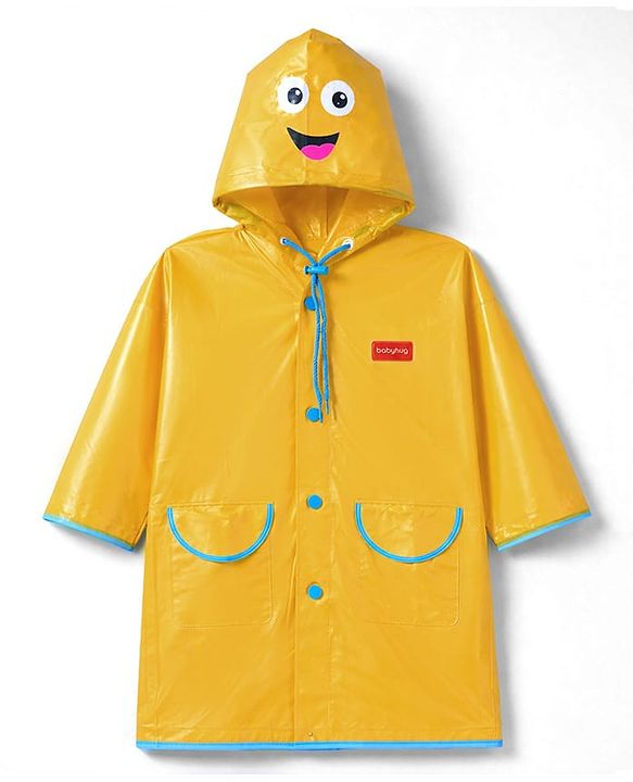 Babyhug Full Sleeves Hooded Raincoat with Smiley Print & Pocket Detailing - Yellow