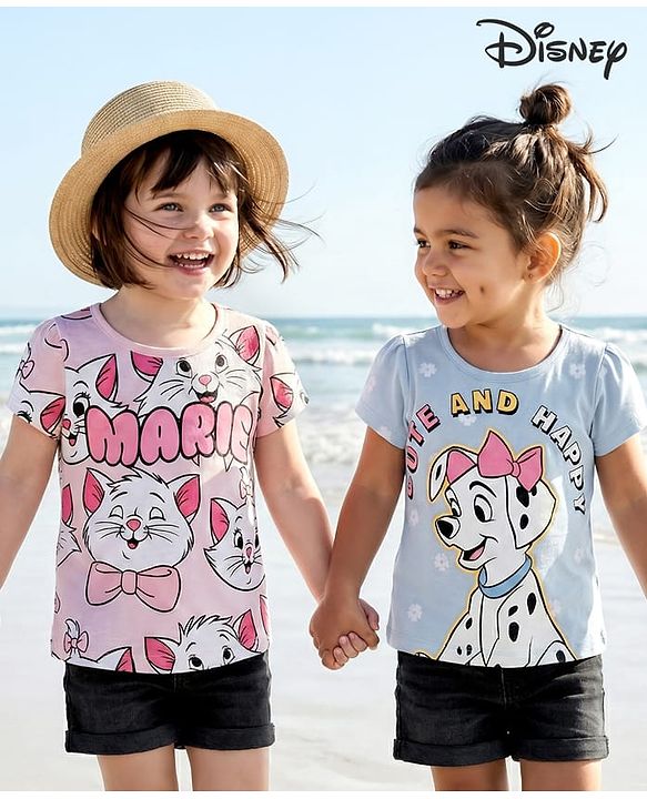 Babyhug Disney Knit Half Sleeves T-Shirts with Disney Character Graphic Pack of 2 - Light Blue & Pink