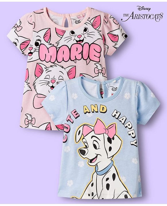 Babyhug Disney Knit Half Sleeves T-Shirts with Disney Character Graphic Pack of 2 - Light Blue & Pink