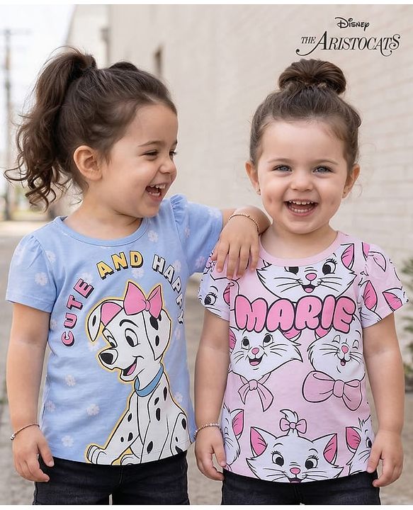 Babyhug Disney Knit Half Sleeves T-Shirts with Disney Character Graphic Pack of 2 - Light Blue & Pink