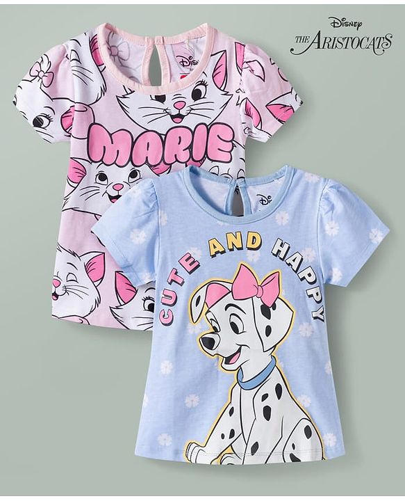 Babyhug Disney Knit Half Sleeves T-Shirts with Disney Character Graphic Pack of 2 - Light Blue & Pink