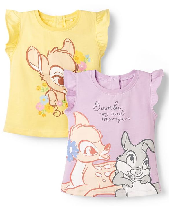 Babyhug Disney Single Jersey Knit Frill Sleeves T-Shirt with Bambi Graphic Pack of 2 - Multicolor