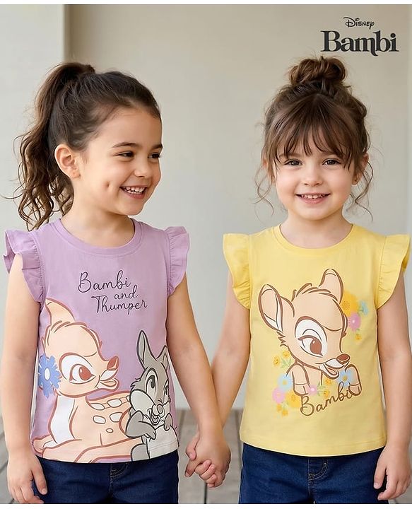 Babyhug Disney Single Jersey Knit Frill Sleeves T-Shirt with Bambi Graphic Pack of 2 - Multicolor