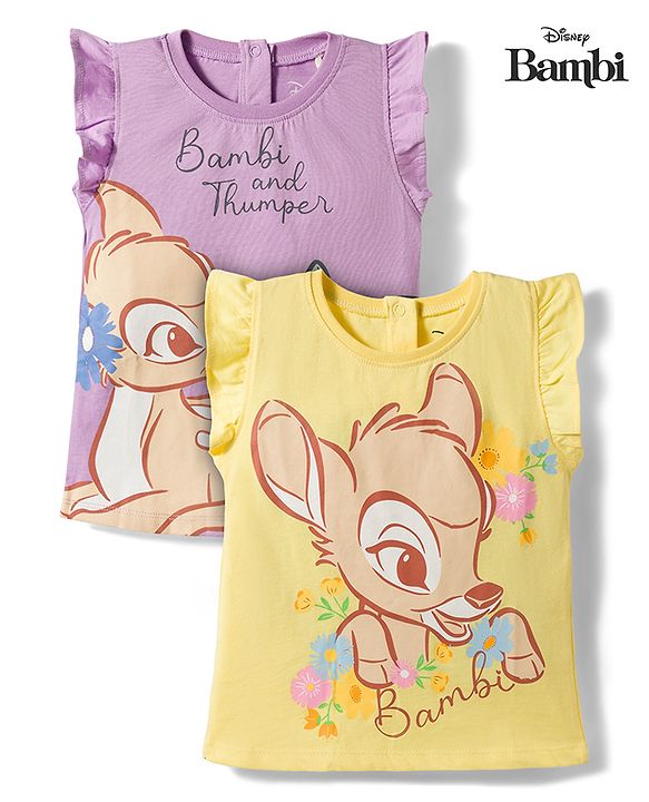 Babyhug Disney Single Jersey Knit Frill Sleeves T-Shirt with Bambi Graphic Pack of 2 - Multicolor