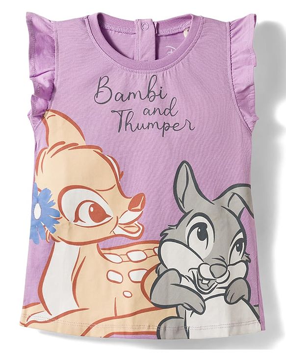 Babyhug Disney Single Jersey Knit Frill Sleeves T-Shirt with Bambi Graphic Pack of 2 - Multicolor