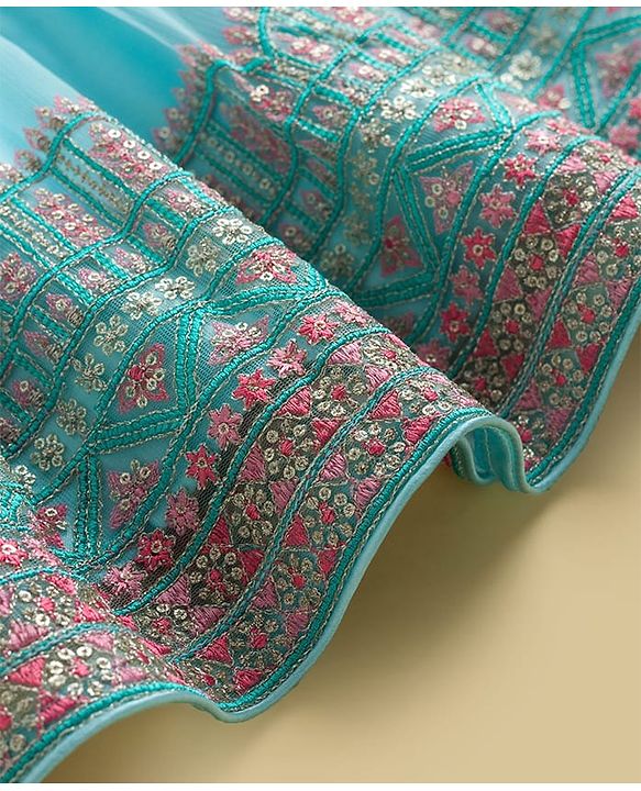 Babyhug Woven Half Flutter Sleeves Choli Lehenga Set with Dupatta & Embroidery - Aqua Blue