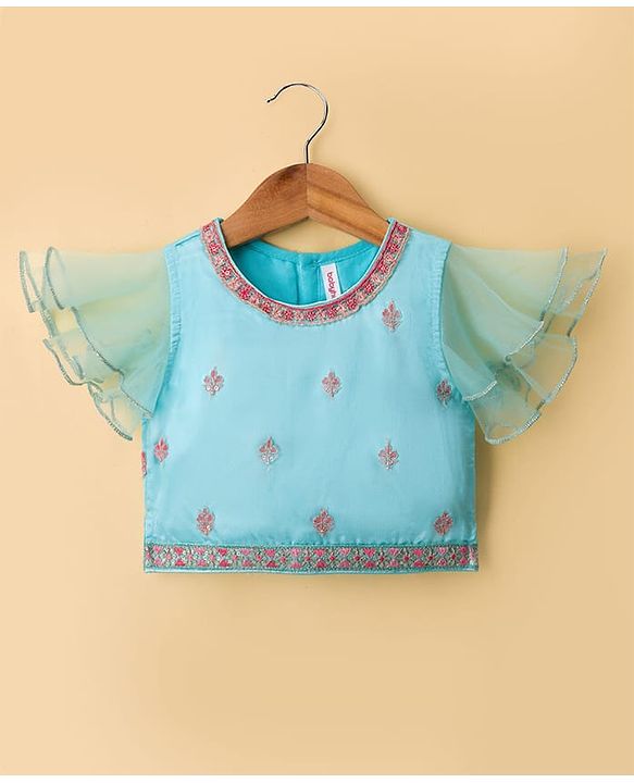 Babyhug Woven Half Flutter Sleeves Choli Lehenga Set with Dupatta & Embroidery - Aqua Blue