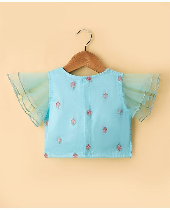 Babyhug Woven Half Flutter Sleeves Choli Lehenga Set with Dupatta & Embroidery - Aqua Blue