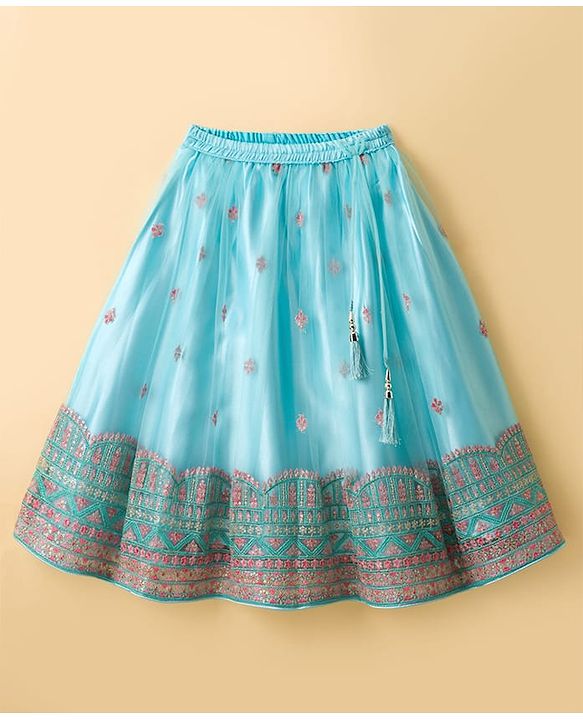 Babyhug Woven Half Flutter Sleeves Choli Lehenga Set with Dupatta & Embroidery - Aqua Blue