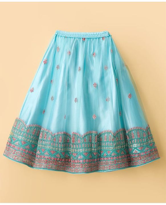 Babyhug Woven Half Flutter Sleeves Choli Lehenga Set with Dupatta & Embroidery - Aqua Blue