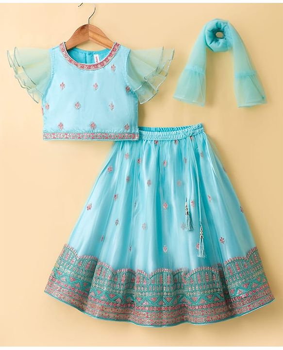 Babyhug Woven Half Flutter Sleeves Choli Lehenga Set with Dupatta & Embroidery - Aqua Blue