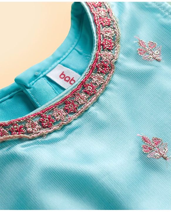 Babyhug Woven Half Flutter Sleeves Choli Lehenga Set with Dupatta & Embroidery - Aqua Blue