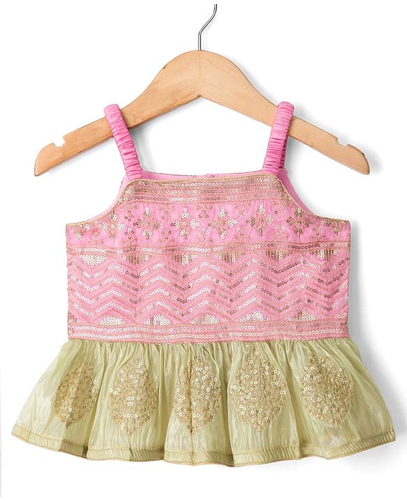 Babyhug Net Woven Sleeveless Lehenga Choli Set With Sequin Detailing & Dupatta - Green & Pink