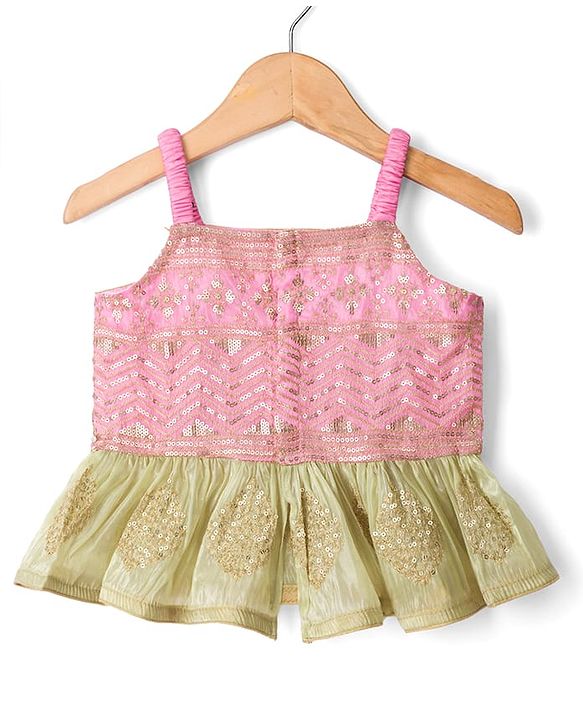 Babyhug Net Woven Sleeveless Lehenga Choli Set With Sequin Detailing & Dupatta - Green & Pink