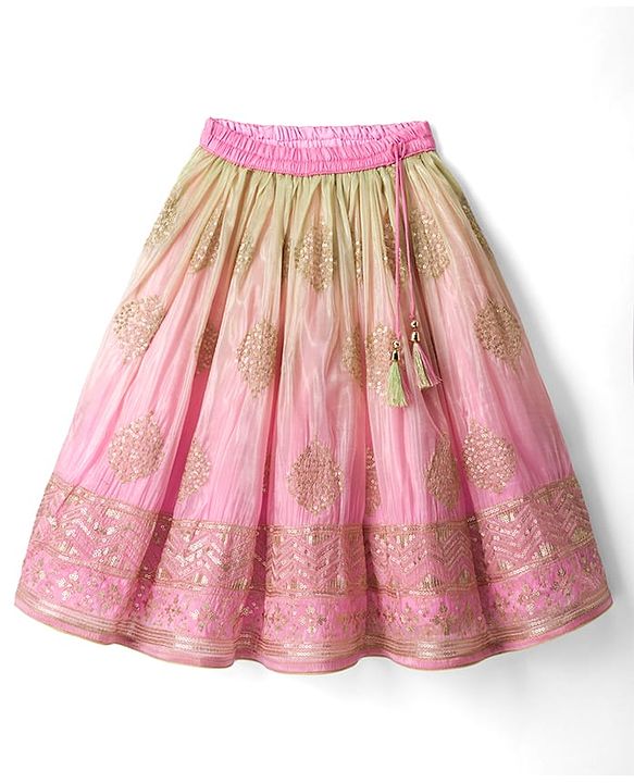 Babyhug Net Woven Sleeveless Lehenga Choli Set With Sequin Detailing & Dupatta - Green & Pink