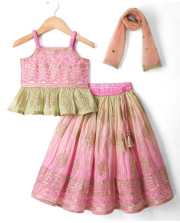 Babyhug Net Woven Sleeveless Lehenga Choli Set With Sequin Detailing & Dupatta - Green & Pink