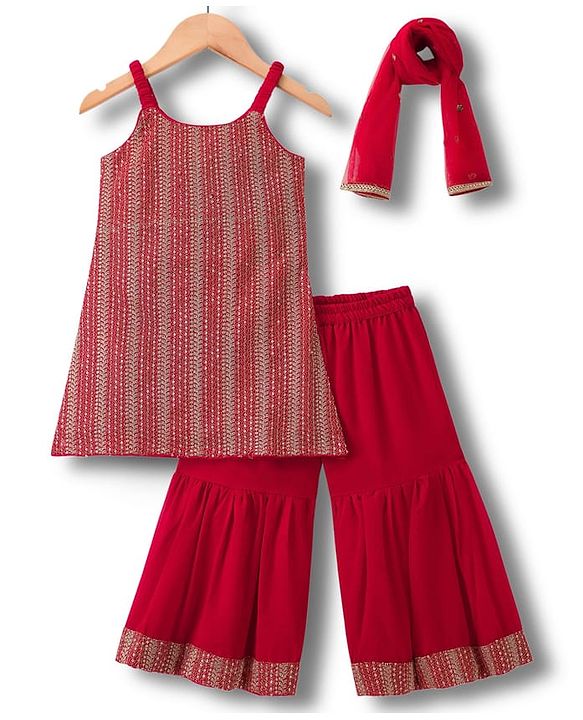 Babyhug Georgette Woven Sleeveless Kurti Gharara Set with Dupatta Embroidery & Sequin Detailing - Red