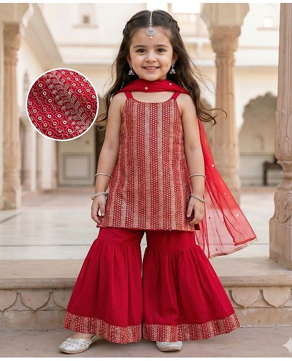 Babyhug Georgette Woven Sleeveless Kurti Gharara Set with Dupatta Embroidery & Sequin Detailing - Red