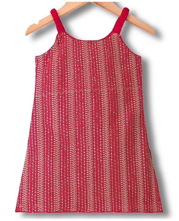 Babyhug Georgette Woven Sleeveless Kurti Gharara Set with Dupatta Embroidery & Sequin Detailing - Red
