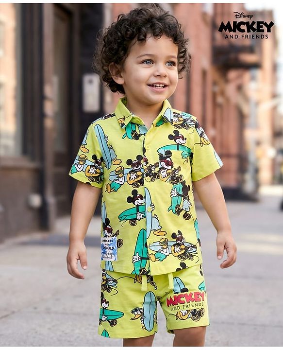 Babyhug Disney Single Jersey Knit Half Sleeves Shirt & Shorts Co-ord Set With Mickey Mouse Graphics - Multicolor