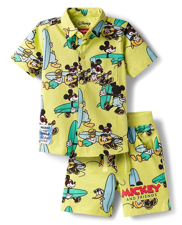 Babyhug Disney Single Jersey Knit Half Sleeves Shirt & Shorts Co-ord Set With Mickey Mouse Graphics - Multicolor