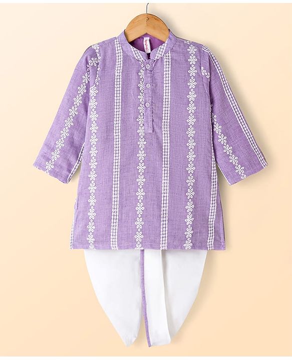 Babyhug Woven Full Sleeves Kurta Dhoti Set with Schiffli Detailing - Lavender