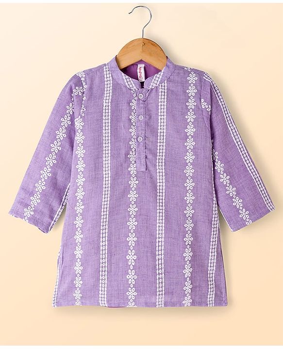 Babyhug Woven Full Sleeves Kurta Dhoti Set with Schiffli Detailing - Lavender
