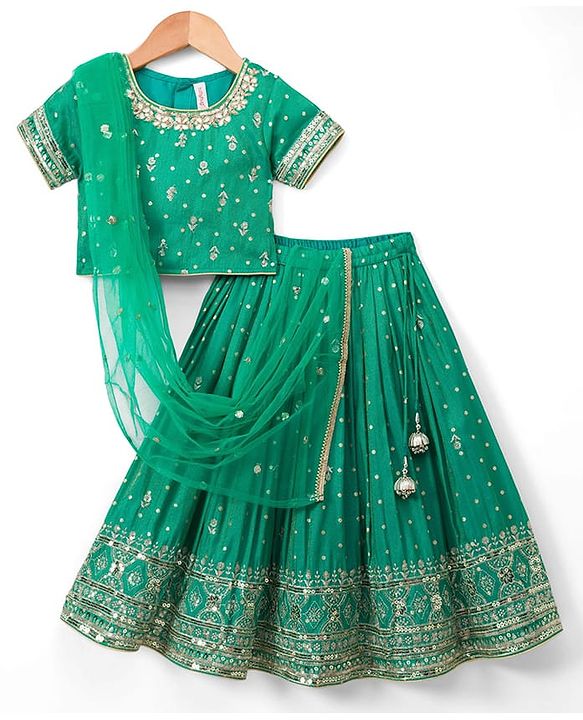 Babyhug Brocade Woven Half Sleeves Lehenga Choli Set With Floral Embroidery Sequin Detailing & Dupatta - Teal Blue