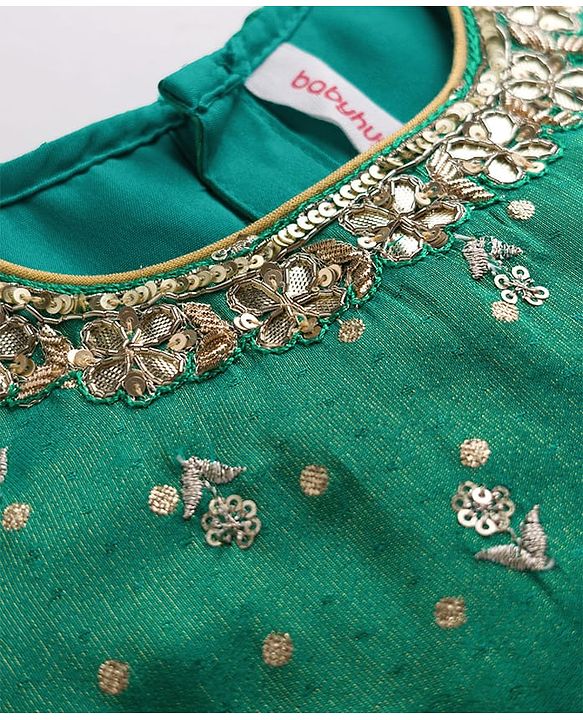 Babyhug Brocade Woven Half Sleeves Lehenga Choli Set With Floral Embroidery Sequin Detailing & Dupatta - Teal Blue